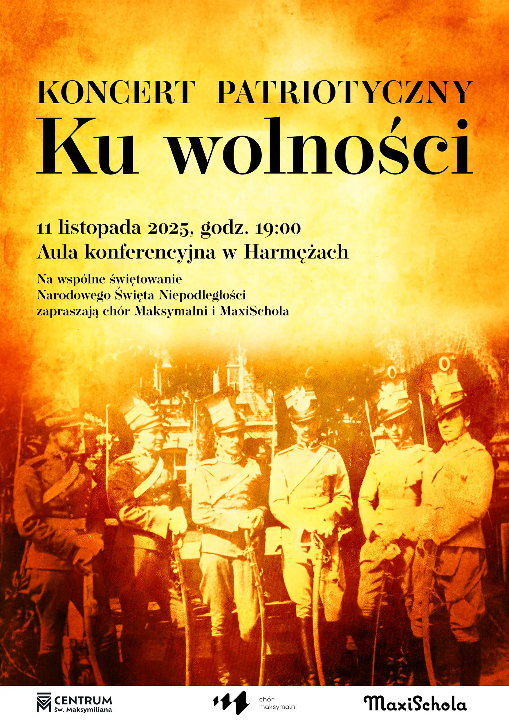 Plakat wydarzenia – koncert patriotyczny Oświęcim 2025 „Ku wolności” w Harmężach