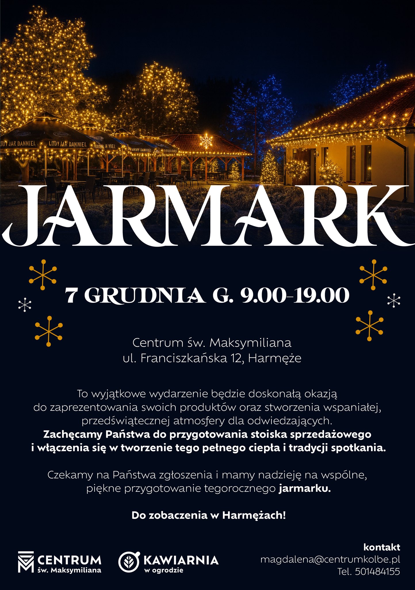 Plakat Jarmarku Świątecznego w Centrum św. Maksymiliana w Harmężach – 7 grudnia