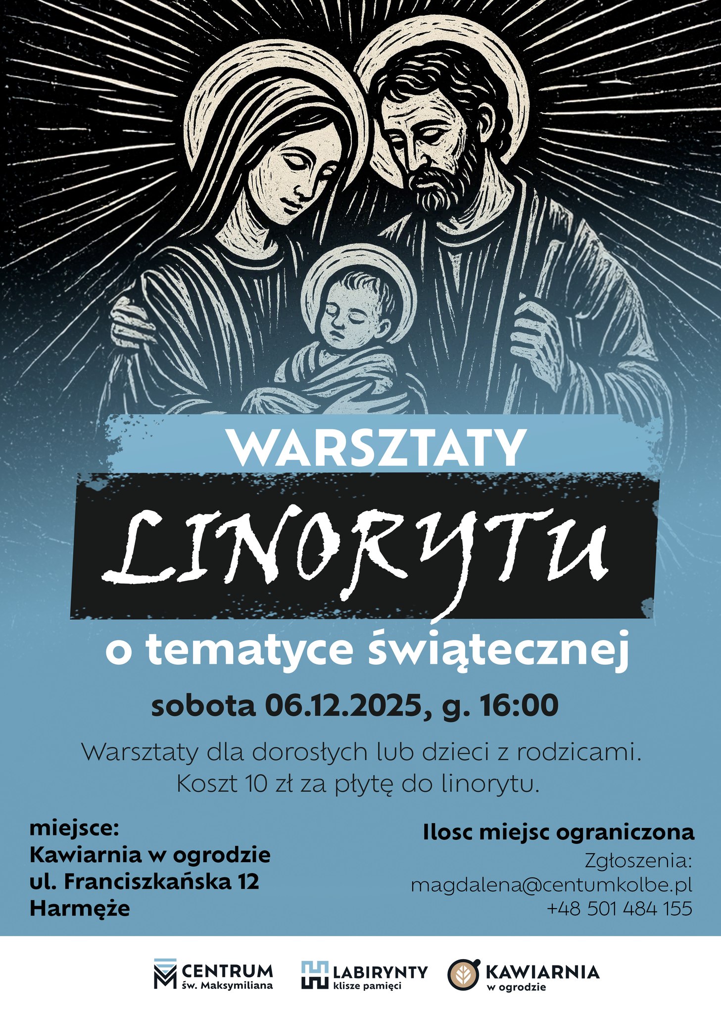 Plakat warsztatów linorytu o tematyce świątecznej w Kawiarni w Ogrodzie w Harmężach