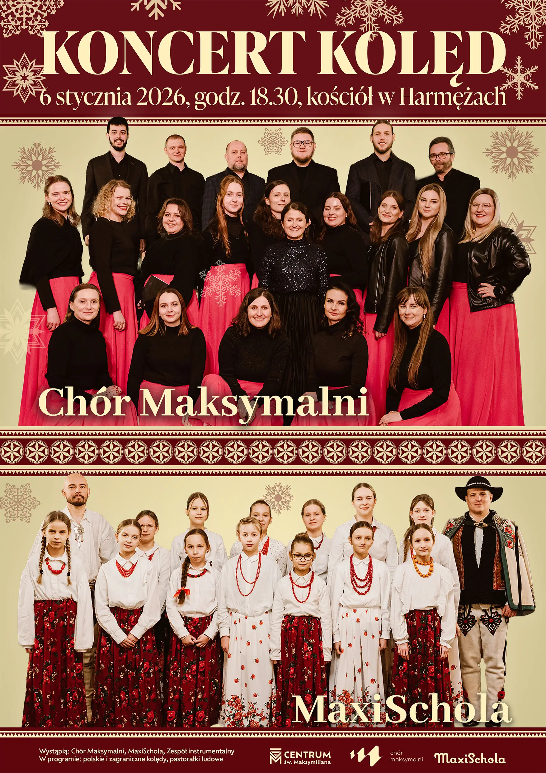 Plakat koncertu kolęd w kościele parafialnym w Harmężach – Chór Maksymalni i MaxiSchola, 6 stycznia 2026