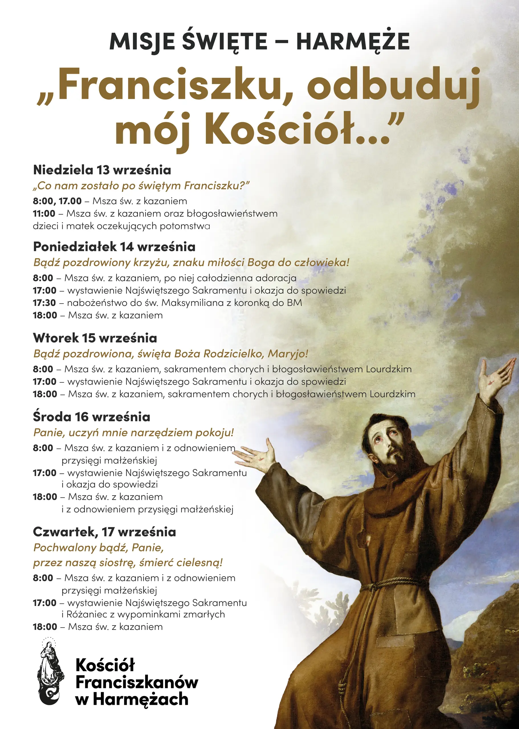 Plakat z programem Misji Świętych w Harmężach, 13–17 września 2026